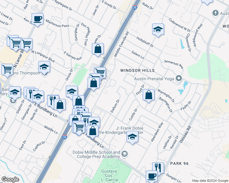 map of restaurants, bars, coffee shops, grocery stores, and more near 9806 Dallum Drive in Austin