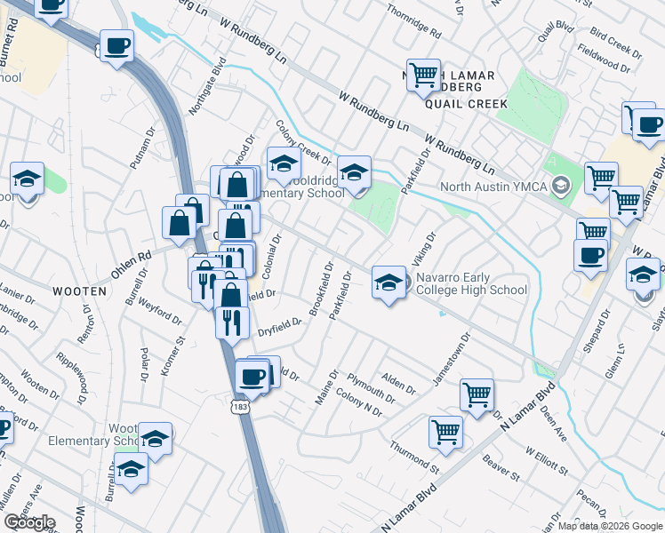 map of restaurants, bars, coffee shops, grocery stores, and more near 8706 Brookfield Drive in Austin
