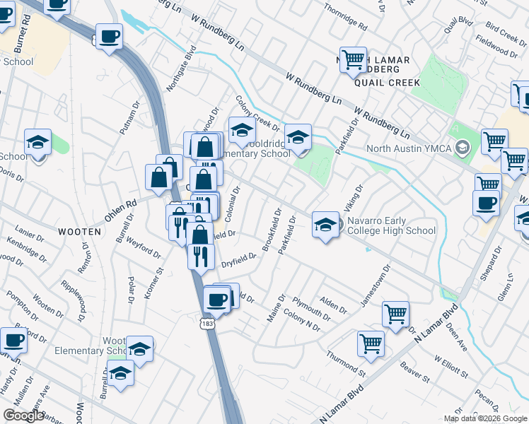 map of restaurants, bars, coffee shops, grocery stores, and more near 8706 Brookfield Drive in Austin