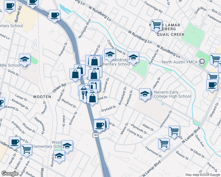 map of restaurants, bars, coffee shops, grocery stores, and more near 8700 Redfield Lane in Austin