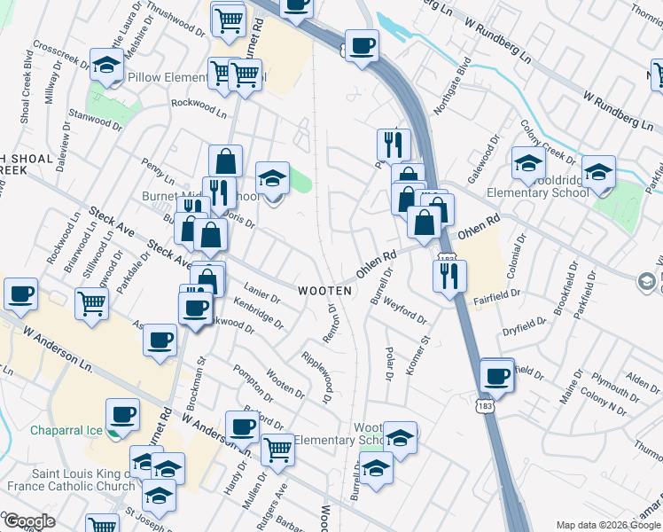 map of restaurants, bars, coffee shops, grocery stores, and more near 8302 Renton Drive in Austin