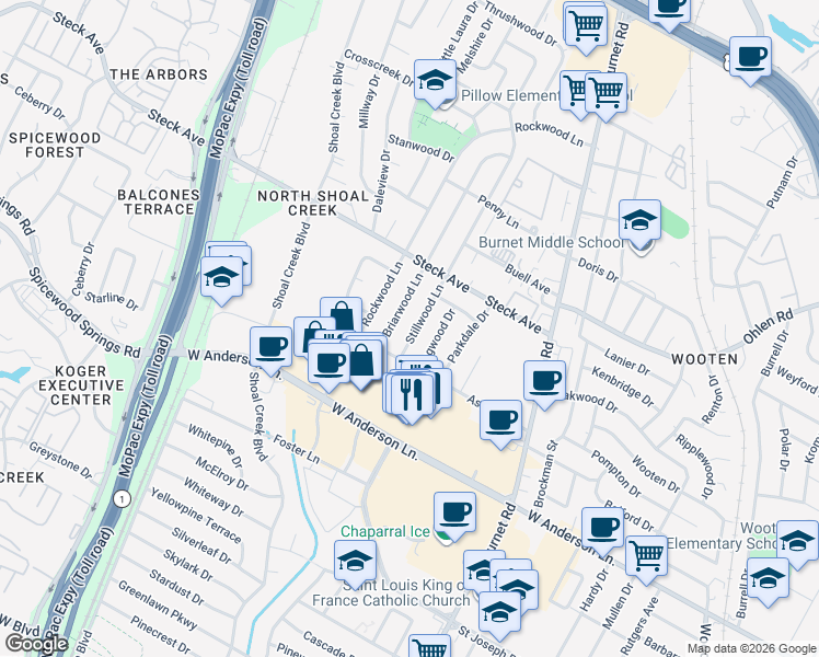 map of restaurants, bars, coffee shops, grocery stores, and more near 8002 Stillwood Lane in Austin