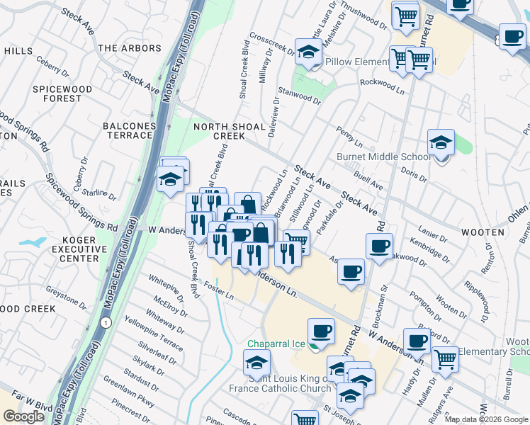 map of restaurants, bars, coffee shops, grocery stores, and more near 2907 Ashdale Drive in Austin