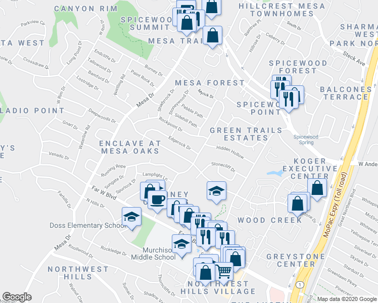 map of restaurants, bars, coffee shops, grocery stores, and more near 3902 Greystone Drive in Austin