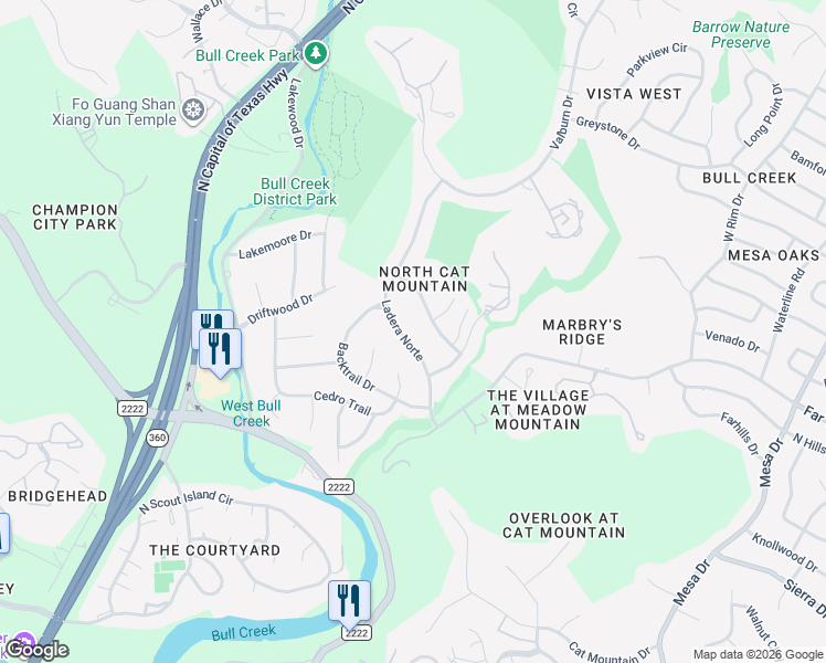 map of restaurants, bars, coffee shops, grocery stores, and more near 6516 Ladera Norte in Austin