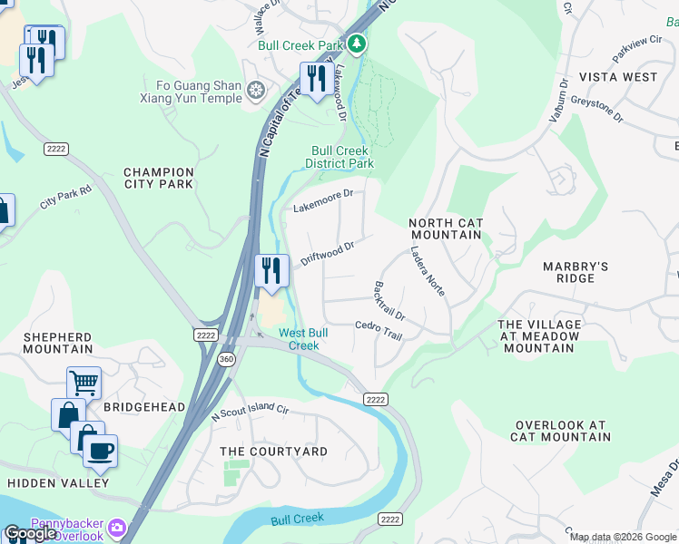 map of restaurants, bars, coffee shops, grocery stores, and more near 5605 Blueridge Court in Austin