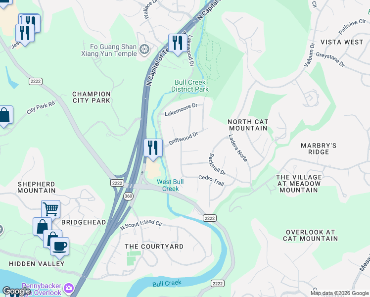 map of restaurants, bars, coffee shops, grocery stores, and more near 5605 Blueridge Court in Austin