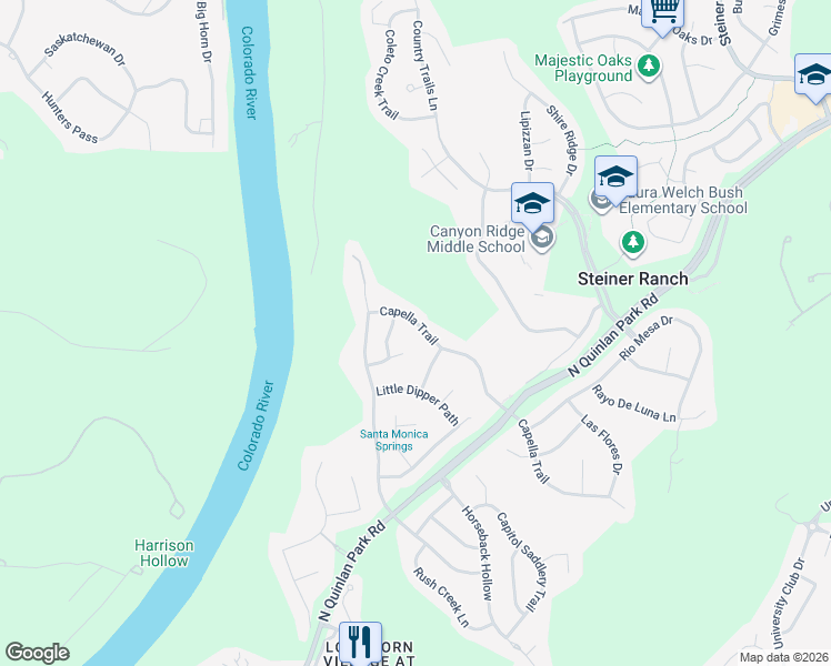 map of restaurants, bars, coffee shops, grocery stores, and more near 13106 Bright Sky Overlook in Austin