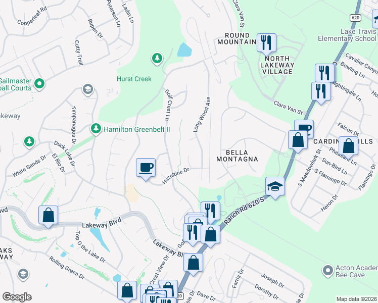 map of restaurants, bars, coffee shops, grocery stores, and more near 104 Rare Eagle Court in Lakeway