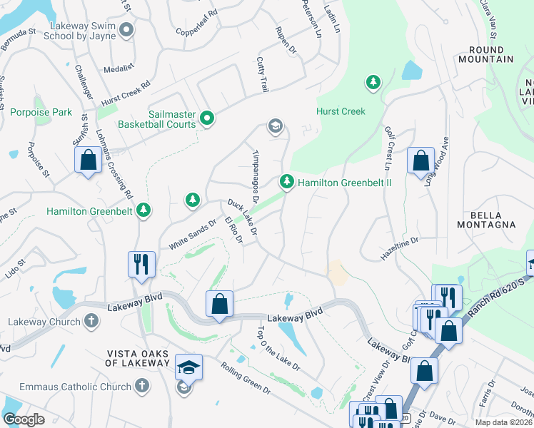 map of restaurants, bars, coffee shops, grocery stores, and more near 104 Fallbrook Court in Lakeway