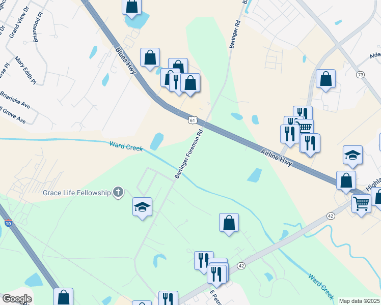 map of restaurants, bars, coffee shops, grocery stores, and more near 9765 Barringer Foreman Road in Baton Rouge