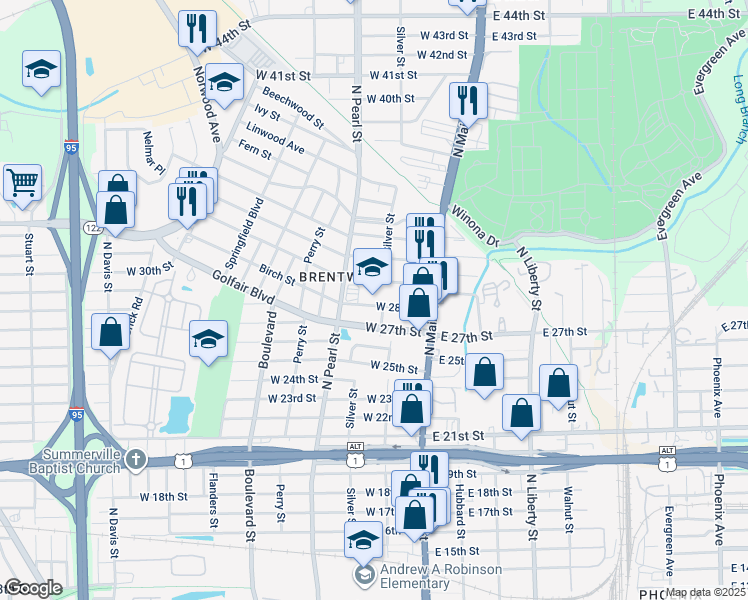 map of restaurants, bars, coffee shops, grocery stores, and more near 3816 North Main Street in Jacksonville