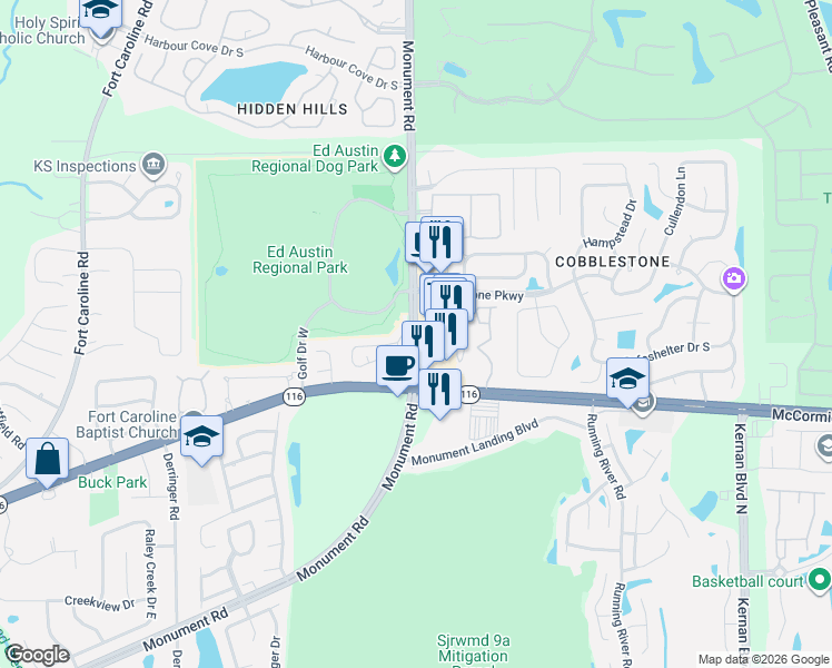 map of restaurants, bars, coffee shops, grocery stores, and more near Monument Rd & E Ashbrook Creek in Jacksonville