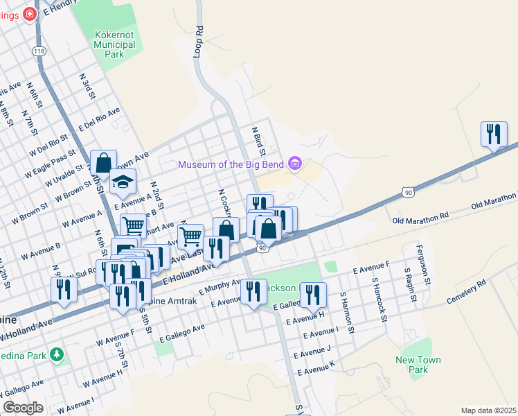 map of restaurants, bars, coffee shops, grocery stores, and more near 101-199 North Harrison Street in Alpine