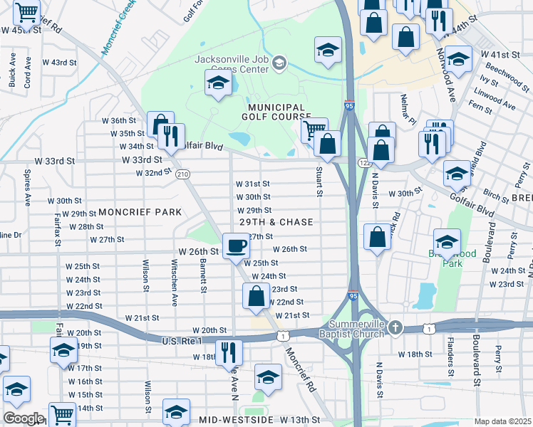 map of restaurants, bars, coffee shops, grocery stores, and more near 1194 West 28th Street in Jacksonville