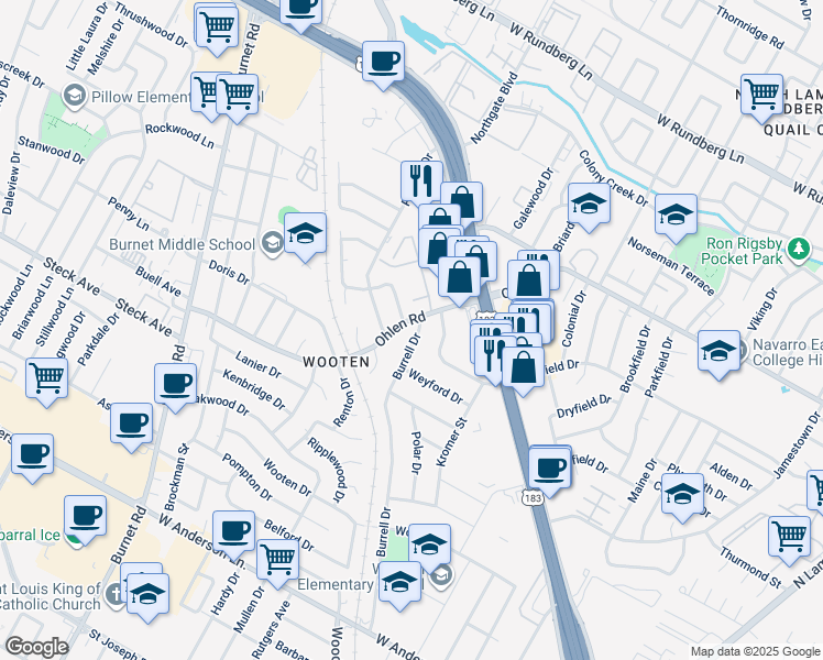map of restaurants, bars, coffee shops, grocery stores, and more near 8512 Burrell Drive in Austin