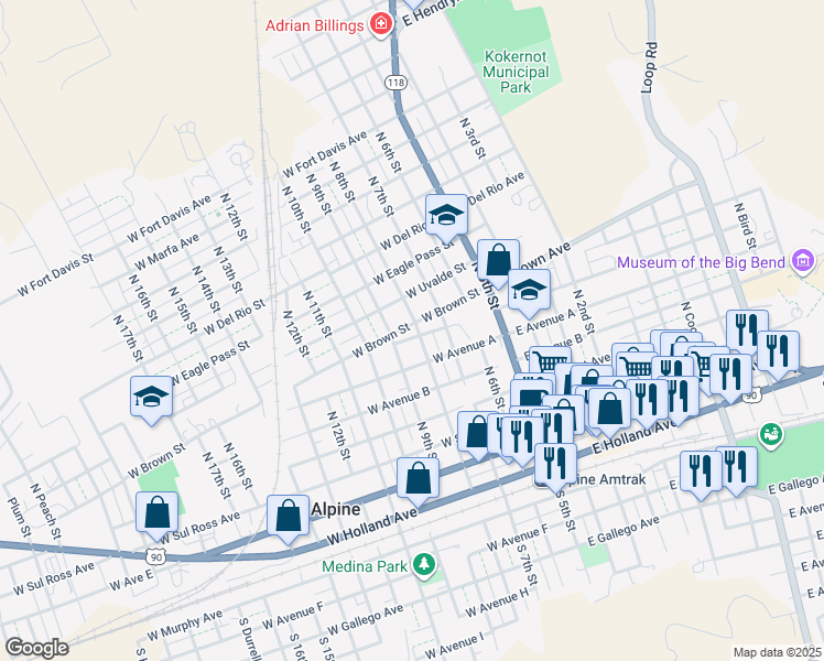 map of restaurants, bars, coffee shops, grocery stores, and more near 603 North 8th Street in Alpine