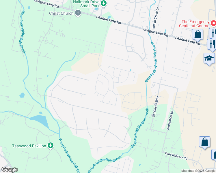map of restaurants, bars, coffee shops, grocery stores, and more near 5813-8099 Cross Creek Road in Conroe