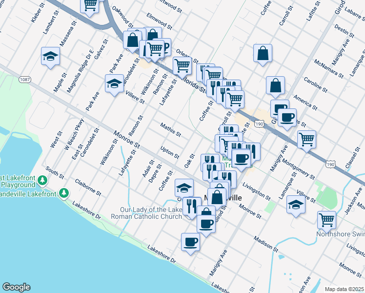 map of restaurants, bars, coffee shops, grocery stores, and more near 600 Coffee Street in Mandeville