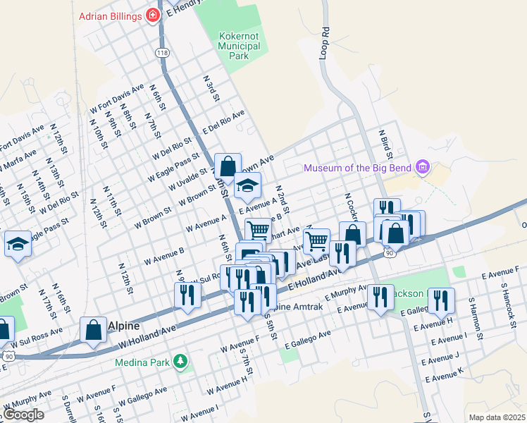 map of restaurants, bars, coffee shops, grocery stores, and more near 408 North 3rd Street in Alpine