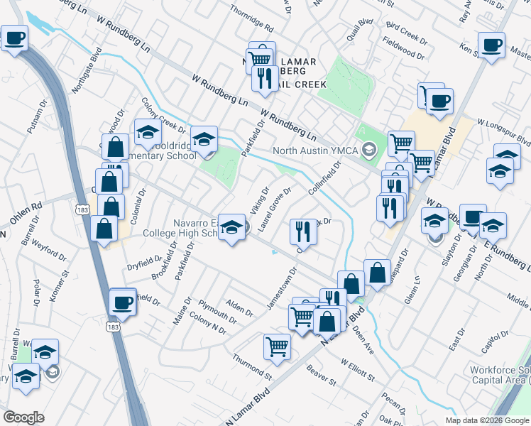 map of restaurants, bars, coffee shops, grocery stores, and more near 8902 Laurel Grove Drive in Austin