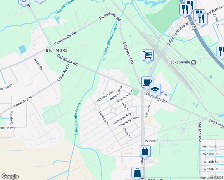 map of restaurants, bars, coffee shops, grocery stores, and more near 5203 Wabash Boulevard in Jacksonville