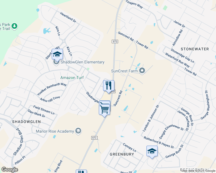 map of restaurants, bars, coffee shops, grocery stores, and more near 12500 Shadowglen Trace in Manor