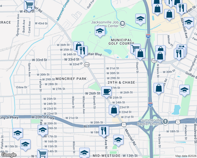 map of restaurants, bars, coffee shops, grocery stores, and more near 1312 West 28th Street in Jacksonville