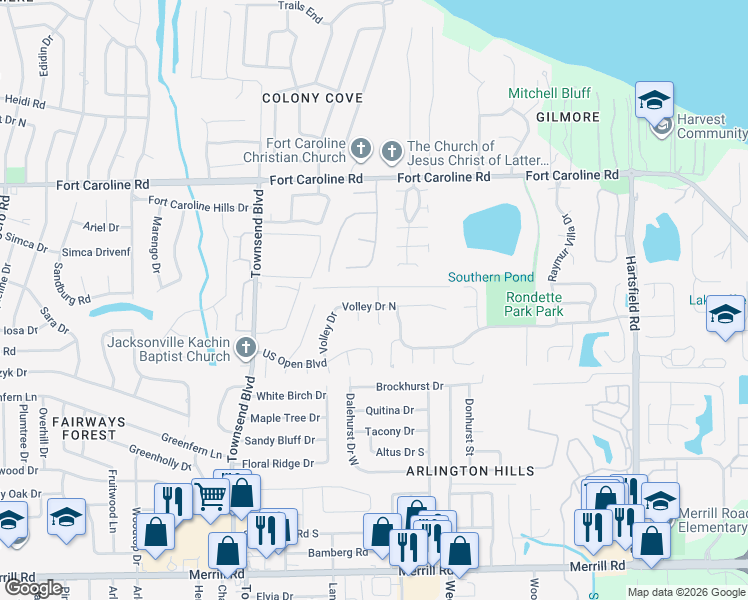 map of restaurants, bars, coffee shops, grocery stores, and more near 3421 Lawn Tennis Drive in Jacksonville