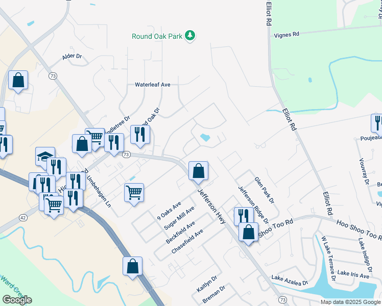 map of restaurants, bars, coffee shops, grocery stores, and more near 17505 Jefferson Highway in Baton Rouge