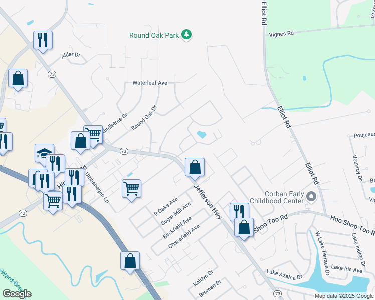 map of restaurants, bars, coffee shops, grocery stores, and more near 17505 Jefferson Highway in Baton Rouge
