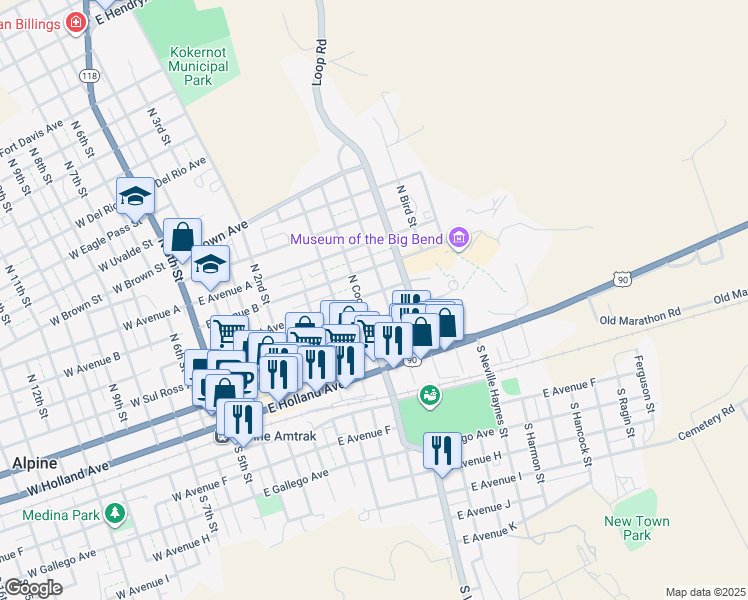 map of restaurants, bars, coffee shops, grocery stores, and more near 800-898 East Sul Ross Avenue in Alpine