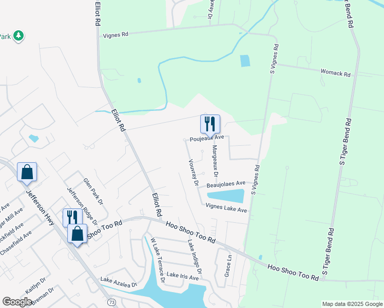 map of restaurants, bars, coffee shops, grocery stores, and more near 9613 Vouvray Drive in Baton Rouge