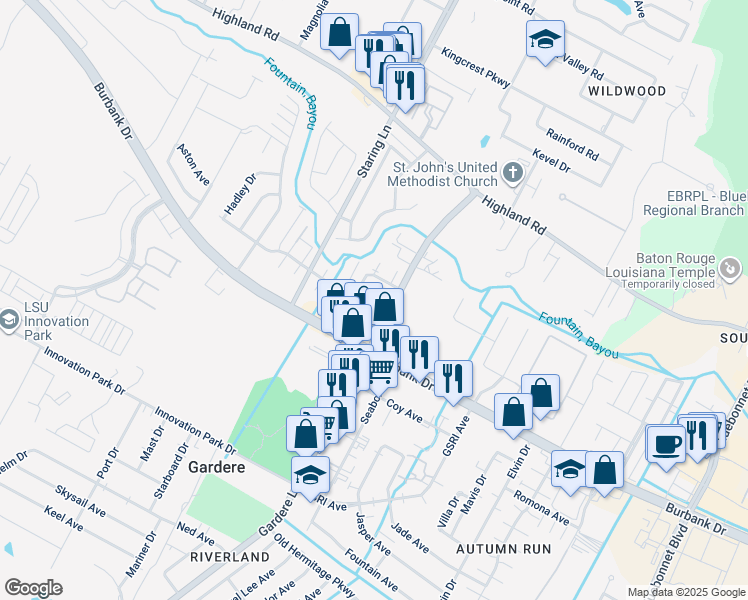 map of restaurants, bars, coffee shops, grocery stores, and more near 8224 Governor Drive in Baton Rouge
