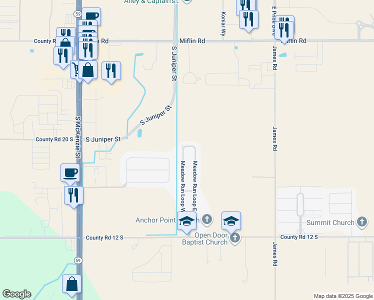 map of restaurants, bars, coffee shops, grocery stores, and more near Meadow Run Loop E in Foley