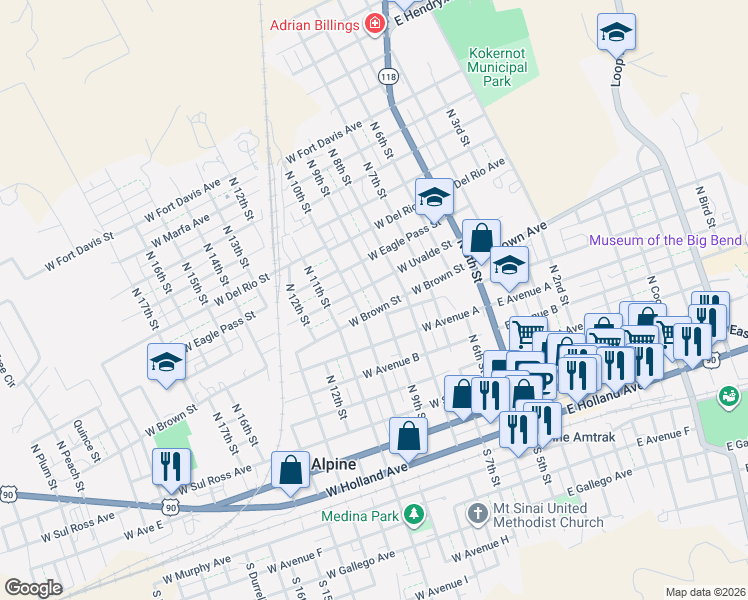 map of restaurants, bars, coffee shops, grocery stores, and more near 500-598 West Brown Avenue in Alpine