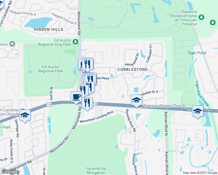 map of restaurants, bars, coffee shops, grocery stores, and more near 2646 Cobblestone Forest Drive in Jacksonville