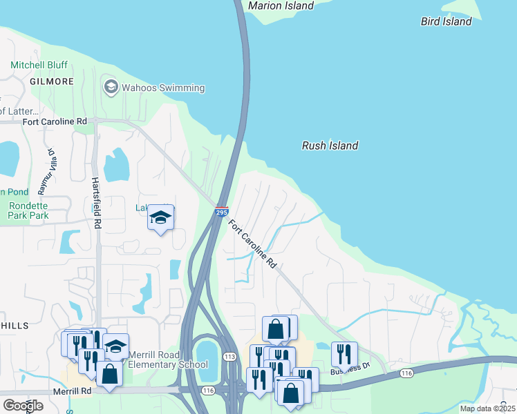 map of restaurants, bars, coffee shops, grocery stores, and more near 3634 Shawnee Shores Drive in Jacksonville
