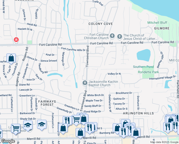 map of restaurants, bars, coffee shops, grocery stores, and more near 7274 Townsend Village Lane in Jacksonville