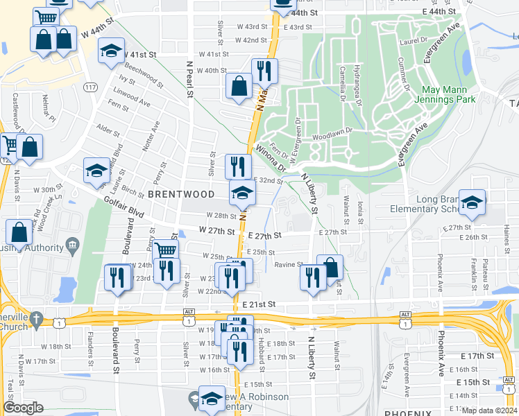 map of restaurants, bars, coffee shops, grocery stores, and more near 3801 North Main Street in Jacksonville