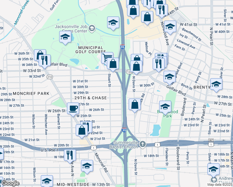 map of restaurants, bars, coffee shops, grocery stores, and more near 3725 Stuart Street in Jacksonville