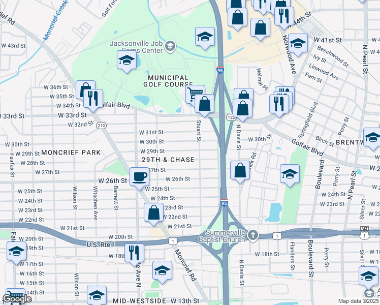 map of restaurants, bars, coffee shops, grocery stores, and more near 1130 West 28th Street in Jacksonville