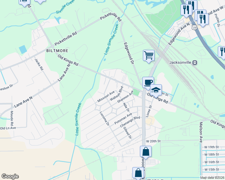 map of restaurants, bars, coffee shops, grocery stores, and more near 5203 Wabash Boulevard in Jacksonville