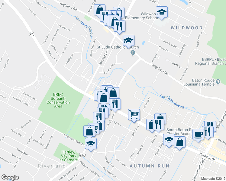 map of restaurants, bars, coffee shops, grocery stores, and more near 704 Gardere Lane in Baton Rouge
