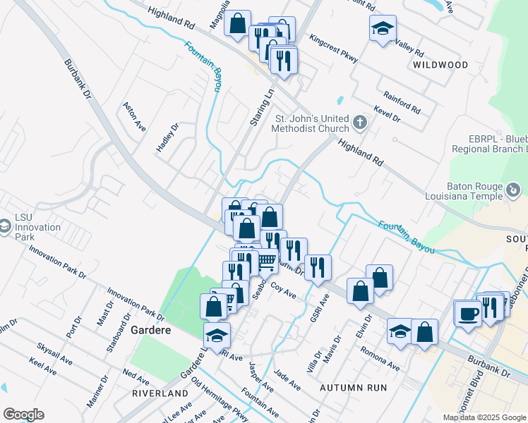 map of restaurants, bars, coffee shops, grocery stores, and more near 704 Gardere Lane in Baton Rouge