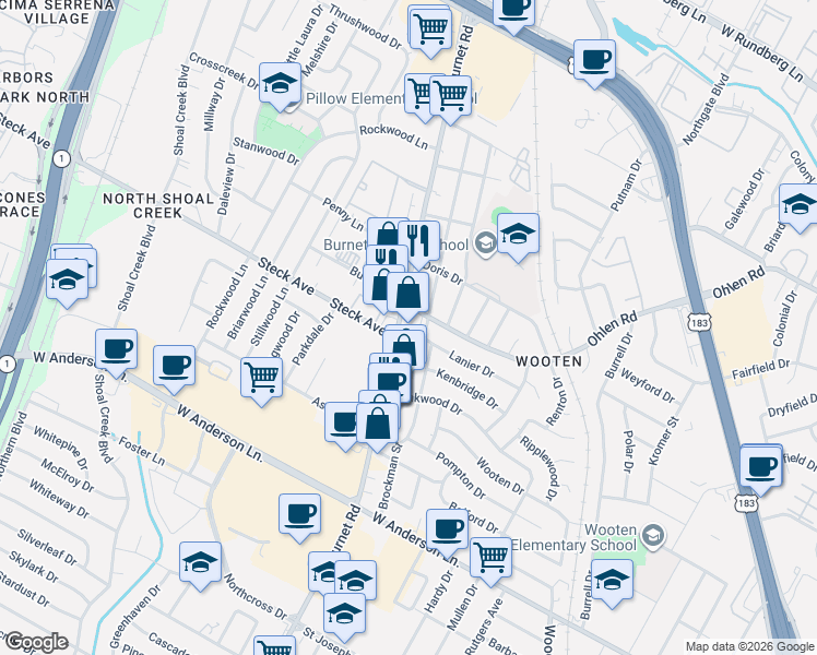 map of restaurants, bars, coffee shops, grocery stores, and more near 8231 Burnet Road in Austin
