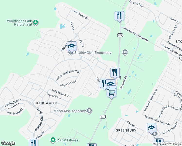 map of restaurants, bars, coffee shops, grocery stores, and more near 13810 Rosebud Isle Drive in Manor
