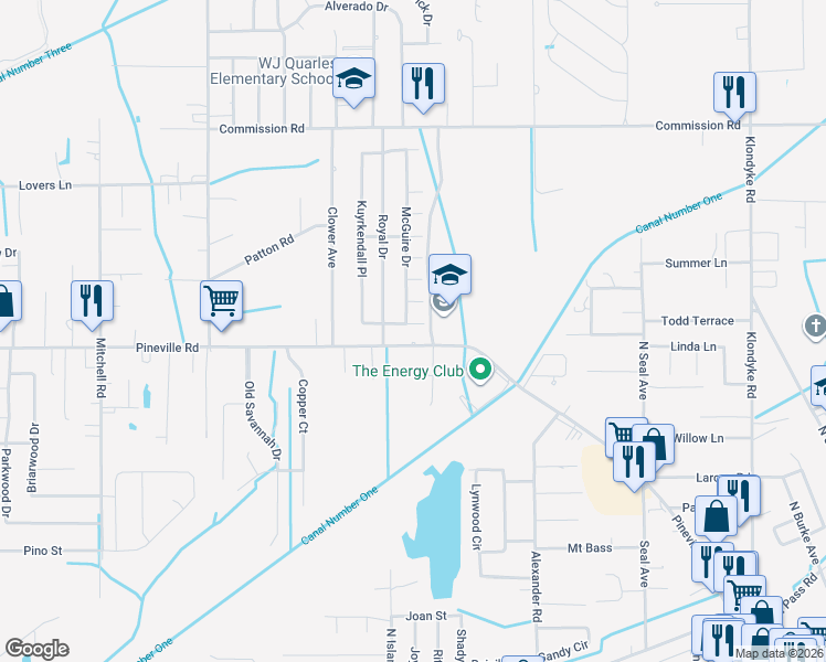 map of restaurants, bars, coffee shops, grocery stores, and more near 19225 Pineville Road in Long Beach
