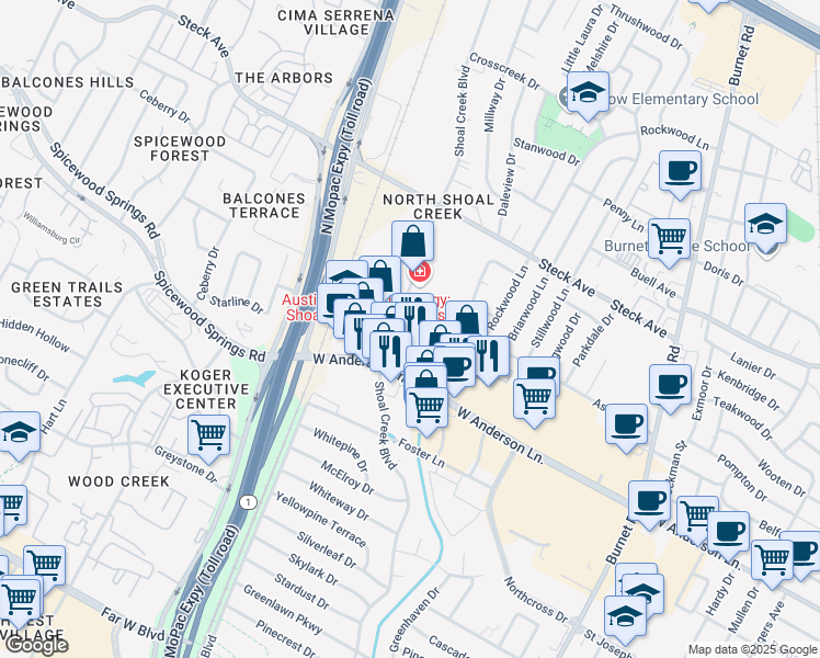 map of restaurants, bars, coffee shops, grocery stores, and more near 7935 Shoal Creek Boulevard in Austin