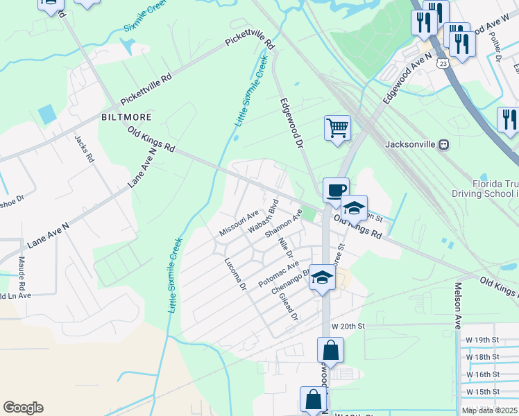 map of restaurants, bars, coffee shops, grocery stores, and more near 5203 Wabash Boulevard in Jacksonville